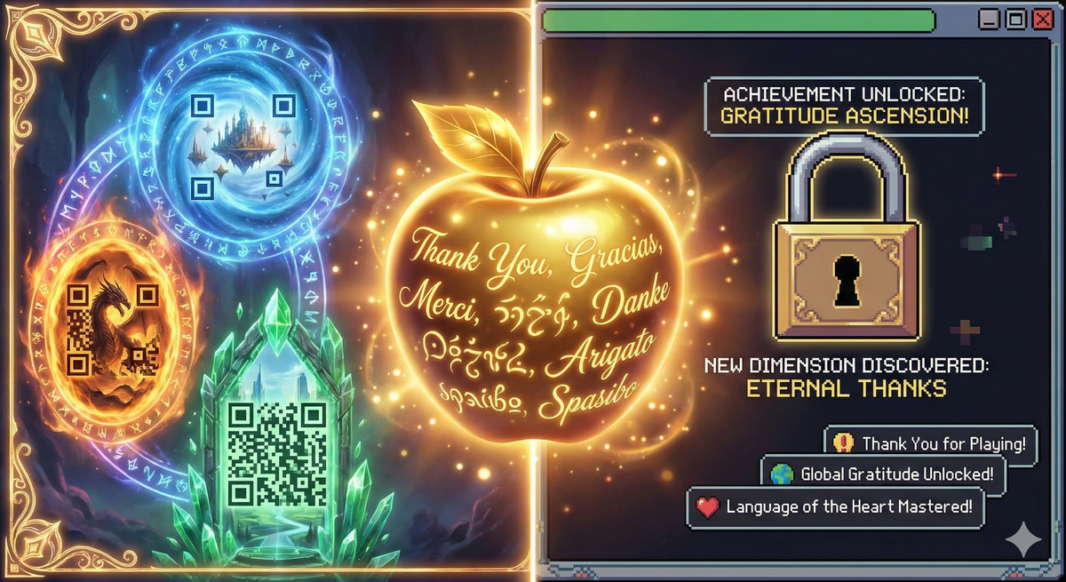 Split screen: Left side shows all the "QR codes" as glowing portals to different dimensions. Right side shows a literal unlock screen with achievement notifications popping up. Center: A golden apple floating, slowly rotating, with "Thank You" written in every language, including some that don't exist. Style: Video game achievement screen meets mystical thank you card meets genuine gratitude made visual.